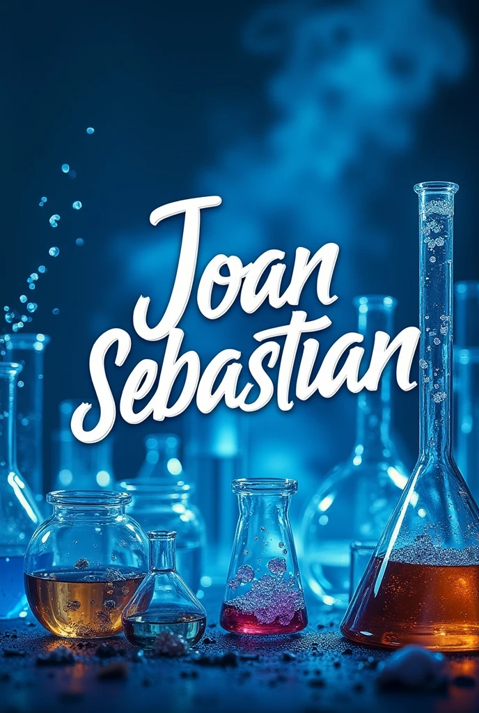 Create the name Joan Sebastian in cursive letters with style and originality but the background should not be white and should be like a scientific style background with laboratory stuff and everything and the background should be blue.