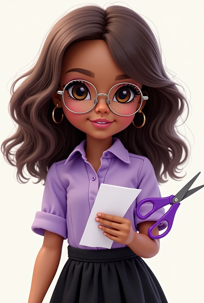creates a beautiful cute doll with medium dark brown hair ,lilac blouse, Black Skirt, one hand with paper and the other with purple scissors,brown dark eyes, fair brown-skinned, with round silver glasses, em formato de desenho