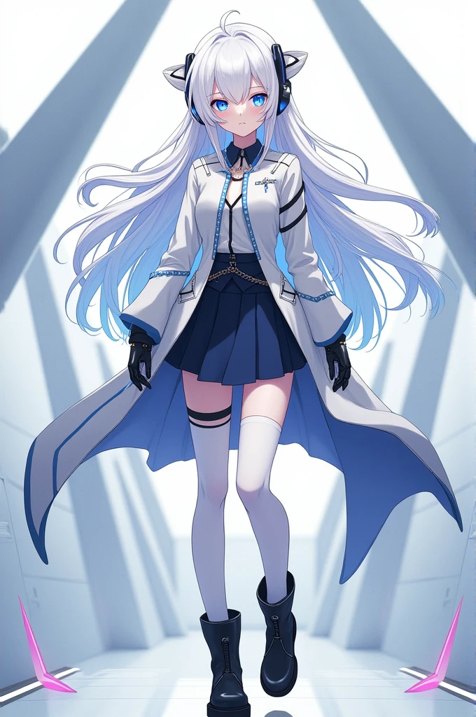 1girl, 2d, Anime, Full white long hair (disconnected floating long back hair stops in the range of a shoulder), White eyes with Blue Isocahedron Iris, White Jacket, White long socks, Navy blue skirt, black T shirt, Sci-fi Gloves and Boots