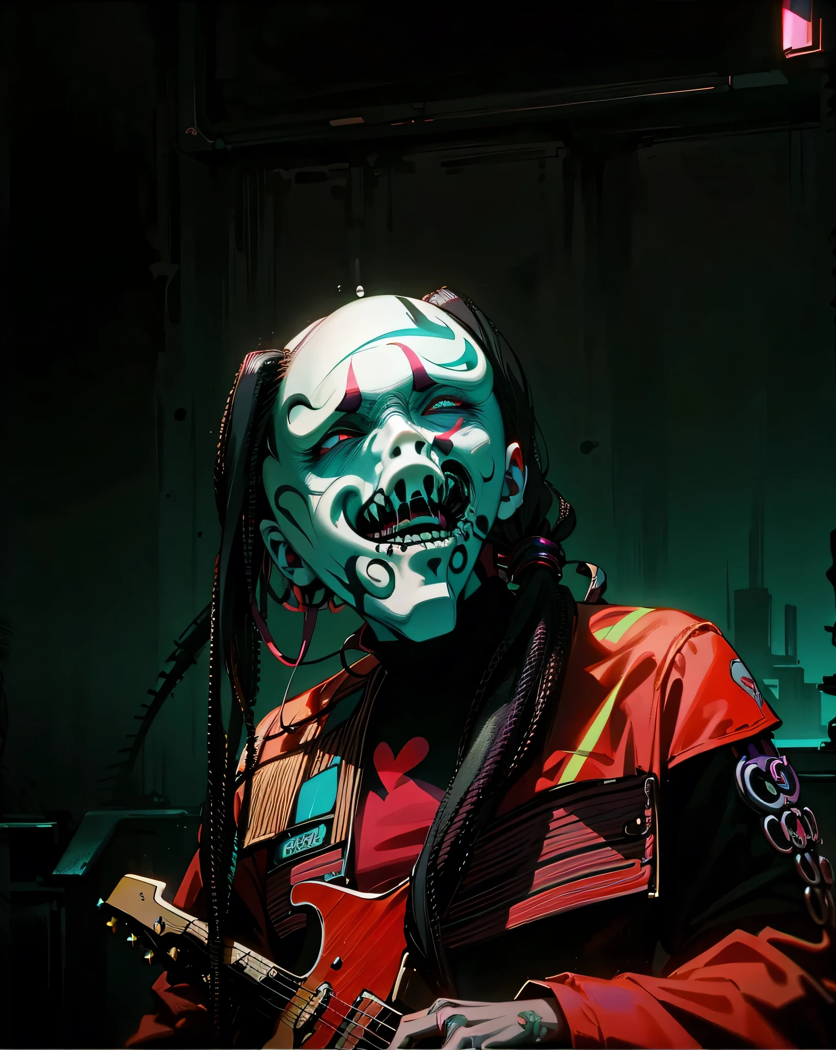 arafed man with dreadlocks and a mask on holding a guitar, slipknot, jigsaw, villain wearing a red oni mask, with black metal face paint, bladee from drain gang, corpsepaint, marilyn manson, badass composition, profile picture, album, 👁🌹👾, 2019 trending photo, profile image, hideous appearance, hideousHD, (Best Detail), (Best Quality), colorful, cyberpunk, neon, beautiful lights, purple reflections,