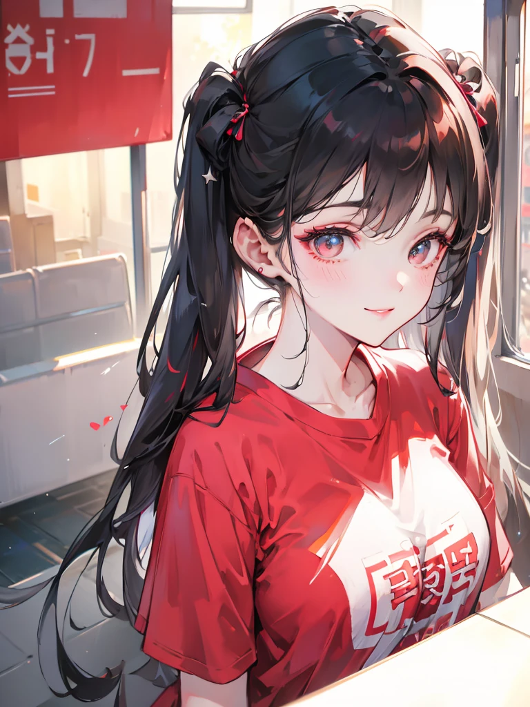 Realistic photos of cute Korean female stars, Uneven twin tails, light makeup, Middle breast size, smile, Color T-shirt, by bus, Clear facial features with crisp, realistic detail, Sony FE, 35mm, Cinema Lighting, Attention to detail, UHigh resolution, high quality, High resolution, 8k, 16K