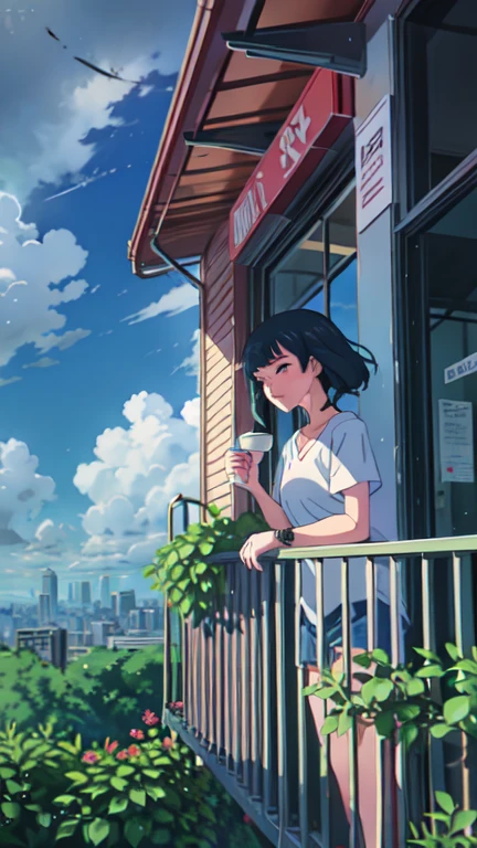 Girl standing on balcony with coffee in hand, cgsociety 9, Chill Hop, Alena Aenami and Artgerm, Makoto Shinkai and Artgelm, Lo-fi girl aesthetic, Anime Scenery, makoto shinkai and (Cain Kuga), Lo-fi aesthetic, Anime scenery, Anime Nature, roof backgrond, Anime Wallpaper