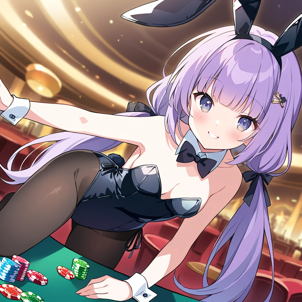 A girl, (a girl with closs hair pin, pale purple hair, low twintail, blunt bangs hair, green and black eyes, smiling, playboy bunny, rabbit ears, black rabbit ears, fake rabbit ears, black leotard,pantyhose, black pantyhose,
bowtie, wrist cuffs:1.4), anime visual, (tilt head:1.3),Cute, Kawaii, Masterpiece, Detailed Drawing, Illustration, Official Art,casino,