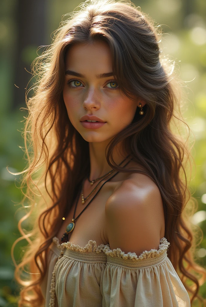Beautiful girl with wavy long hair, bohemian dress, 16 years