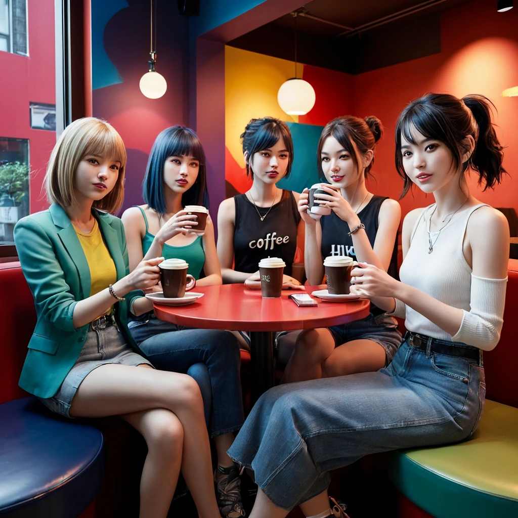 ((very sharp photo result, hyper realistic photo)) (((Best Quality))), (((masterpiece))), (((Ultra-detailed CG))),(((magical ))) there are pretty chic & trendy japan girls various hair colors & hairdo chill hangout happy together with various fashionable casual suits, open shoulder tee, tank top jeans & skirt, they are drinking coffee together (detail head, face, body, correct proportion, hand & fingers anatomy) sitting in a corner in an artsy edgy vibrant color combined interior of a coffee shop, warm dramatic shadow & light, UHD, Shot on : sony a7 | fe 35mm f1.8