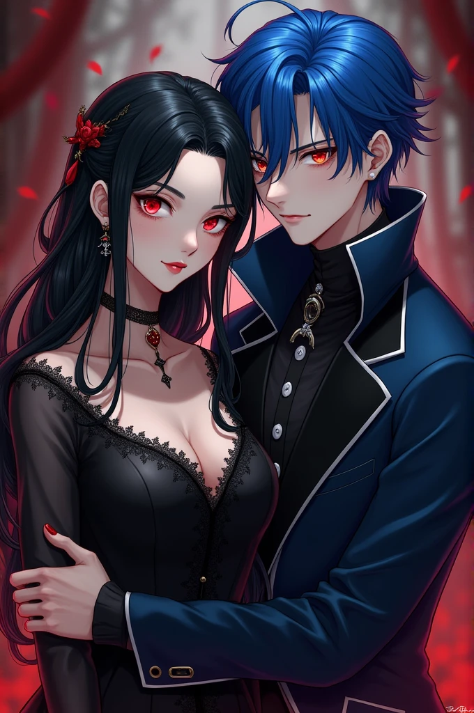 Royal couple, Woman with long black hair accompanied by her red eyes and a black dress with not so big red, man with strong blue hair and slightly amber eyes with a touch of red and navy blue clothing with black and white 