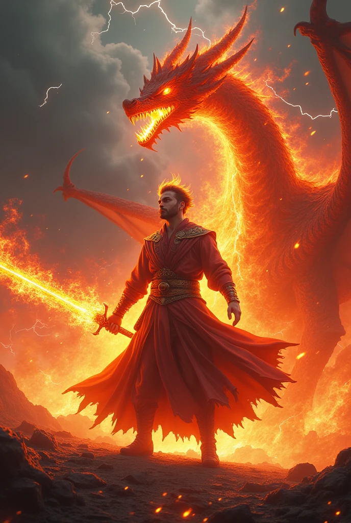 Fire mage wielding a fire sword controlling fire from the sky with a fire breathing dragon