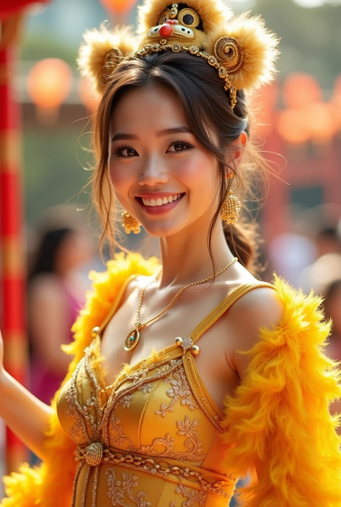 A cheerful Japanese woman with a radiant smile, wearing a golden dress with lion-themed accessories. The setting is bright and vibrant, reflecting her leadership and energy.