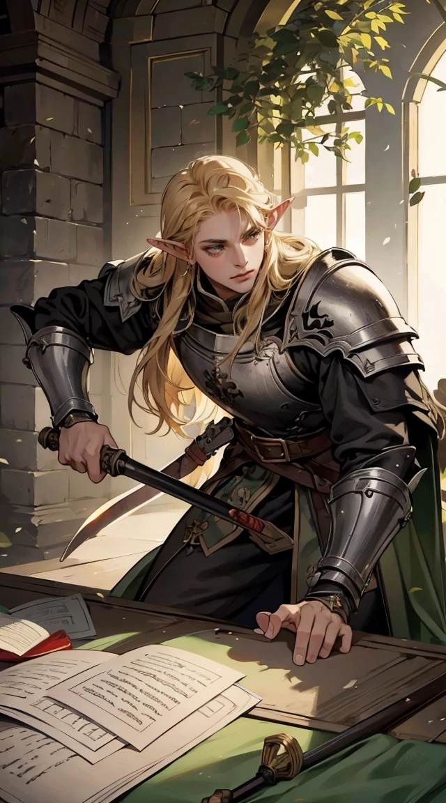 piece of art, better quality, 1 person, adult, male focus, One, blonde hair, long hair, bright green eyes, heavy armor, Male, cloak, dark skin, Battle cry, Fantasy aesthetics, very detailed, shadow universe style, elf ear, Looking up, Elven Knight Armor. Holding a Chinese halberd, going, letter, lying down, standing, on the back, struggle, dynamic poses. Get ready to dive into the world, where beauty and craftsmanship merge beautifully