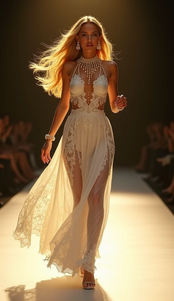 Western-looking woman, running on the runway, Blonde long hair waves that come down to the waist, light skin tone, (full-length picture from head to toe), wearing white A-line dress, dress with lace, (flamboyant with lots of beads), flamboyant and long pearl earrings, multiple pearl necklaces choker, Elegant runway stage background, dark background with partial yellow lighting