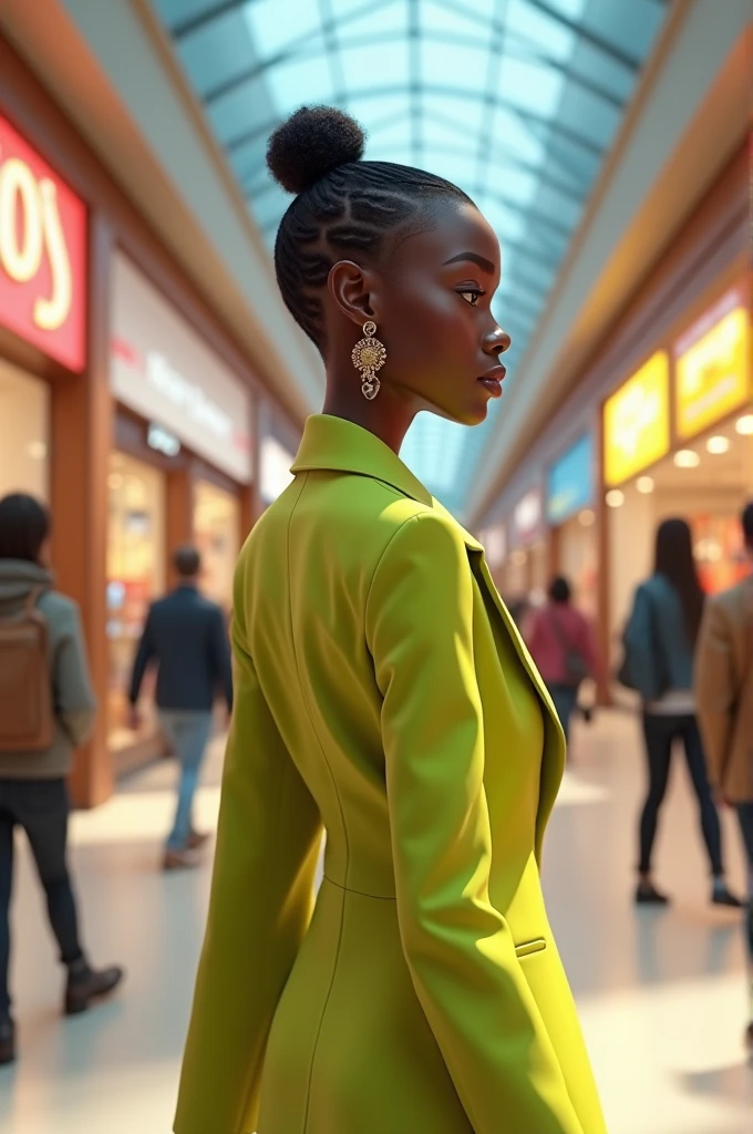 A beautiful 31 year old Pixar 3D inspired girl with black skin, blonde bald hair, small earrings, wearing a green blazer at the mall doing shopping