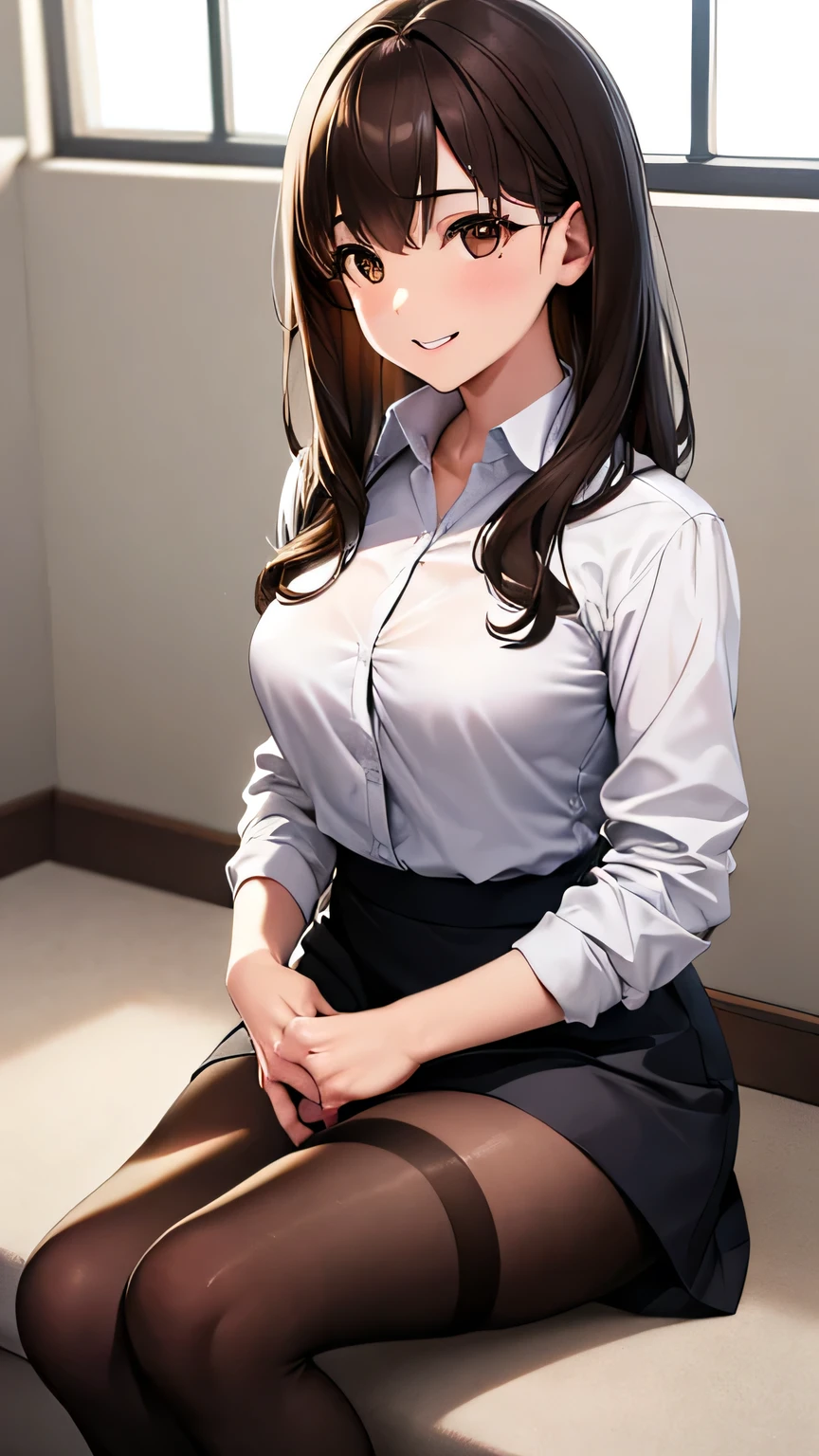 Highest quality, Soft Light, Ultra-high resolution,People Girls, alone, sexy, (Toothy smile), (Brown eyes), Beautiful face in every detail,(High resolution detail of human skin texture), (Brown medium hair),（Sweat:1.2）,（masterpiece:1.3）,（Realistic:1.2）,（Open your mouth:1.1）,Dress shirt,Jacket,Tight Skirt,stockings,Sit with one knee raised