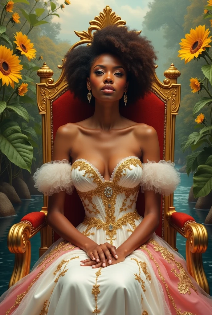 Mulatto  Woman Wearing a white and Gold and pink dress sitting on a gold throne with a background of River and Sunflowers victorian style fancy