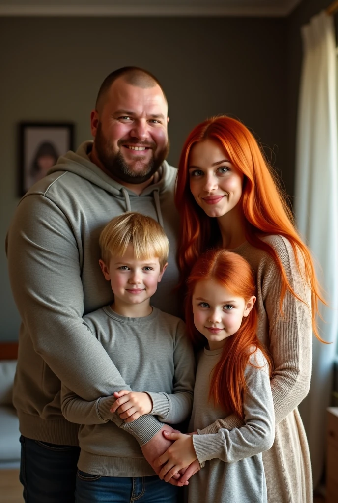 Heavyset man of around 34 years old with shaved hair with his beautiful young wife with a good body and long red hair with a blond son of about  and a daughter with long red hair and about 5 years old, Tll a family of four people in total