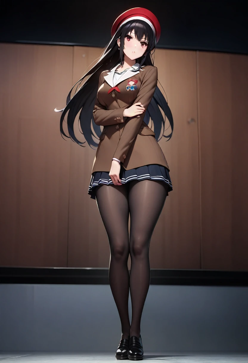 (black, Brown jacket, Lady hat：1.3），beautiful girl， full body，Perfect figure, Black Hair, Long hair, （Japanese cartoons, , Ultra HD, masterpiece, precise, Anatomically correct, Super Detail, Textured Skin, High Detail, high quality, The award-winning, best quality, high resolution, 8K：1.3）
