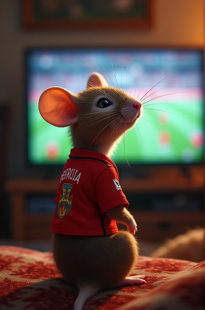 Mouse wearing a Peruvian national team shirt watching TV