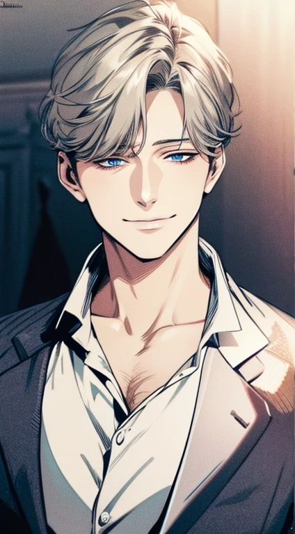 (best quality,4k,8k,highres,masterpiece:1.2),ultra-detailed,(realistic,photorealistic,photo-realistic:1.37),1 man,31 years old, man,very handsome,without expression,smile,short grey blue hair,blue eyes,penetrating gaze,perfect face without errors,imposing posture,businessman,office background,cinematic lighting,hdr image
