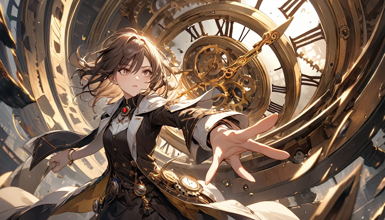 **235. One person。The watchmaker who controls timeの戦闘シーン。mysterious+thrilling。Cowboy shot or close-up。
masterpiece, best quality, ultra detailed (Detailed fingers), (Emotional), (Breathtakingly beautiful),
(main part: 1.2 Whole body。), (Anime Style), (Very detailed), (Time manipulation),
(超High resolution, High resolution), (8k), (High resolution: 1.2), (Complex and beautiful: 1.2)**
- background: A ruined clock tower where time has stopped、Floating gears surround the area。
- character: The watchmaker who controls time、Unleash the power to stop time in battle。
-pose: Aiming for a momentary gap、Instantly move behind the enemy。
-expression: Calm and sharp gaze、The confident expression of one who rules time。
- Effects: The hands of the clock are rotating backwards、A force that halts the enemy's movements is released.。
-color: Gold and Brown、Color tones that emphasize the moment when the flow of time changes。