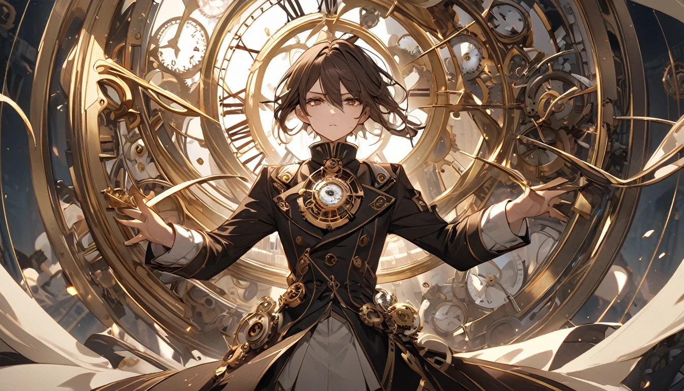 **235. One person。The watchmaker who controls timeの戦闘シーン。mysterious+thrilling。Cowboy shot or close-up。
masterpiece, best quality, ultra detailed (Detailed fingers), (Emotional), (Breathtakingly beautiful),
(main part: 1.2 Whole body。), (Anime Style), (Very detailed), (Time manipulation),
(超High resolution, High resolution), (8k), (High resolution: 1.2), (Complex and beautiful: 1.2)**
- background: A ruined clock tower where time has stopped、Floating gears surround the area。
- character: The watchmaker who controls time、Unleash the power to stop time in battle。
-pose: Aiming for a momentary gap、Instantly move behind the enemy。
-expression: Calm and sharp gaze、The confident expression of one who rules time。
- Effects: The hands of the clock are rotating backwards、A force that halts the enemy's movements is released.。
-color: Gold and Brown、Color tones that emphasize the moment when the flow of time changes。