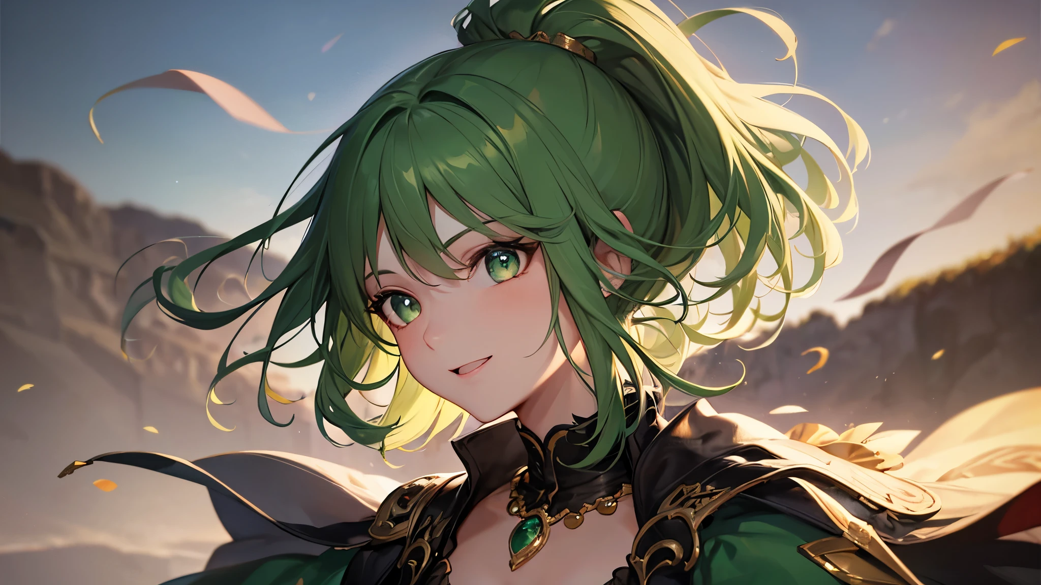 Highest quality, 8k, 4K, High resolution, High Contrast,1girl,only,Beautiful green hair, ponytail,(Beautifully detailed face), Green clear eyes, beautiful eyes, Happy expression, Moderate bust, 20generation, Emerald Necklace, Beautiful Gems, Precise and beautiful scenery, looking like they're having fun in the park, blouse