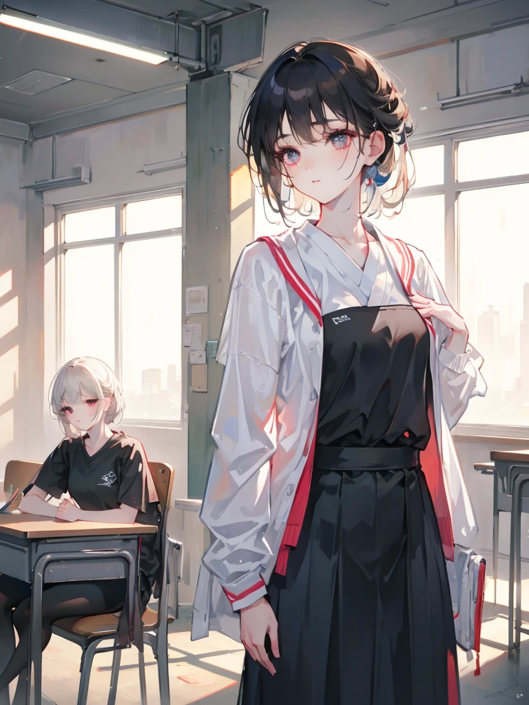 One girl, re4ashleyのショットのポートレート, Sports competition, Black Uniform, White shirt, classroom, Volumetric lighting, Highest quality, masterpiece, Intricate details, Tone Mapping, Sharp focus, Super detailed, Trending on Art Station, Realistic,