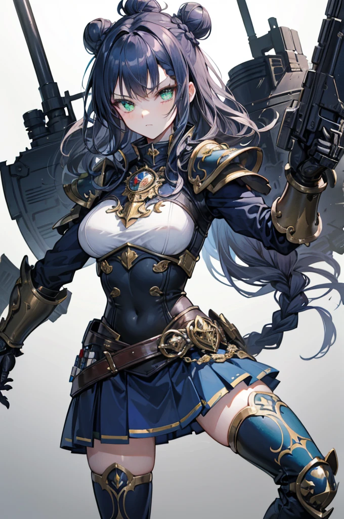 Face_through_torso, steampunk, 1girl, Solo, long_hair(Navy blue_hair, wavy_hair, braided_bun), light_green_eyes, female warrior, mature, wearing heavy armor, sturdy design, elegant, intricate details, dark and silver colors, high collar, pauldrons, chestplate, gauntlets, armored skirt, thigh-high boots, cunning personality, squinting eyes, sly expression, regal, powerful stance