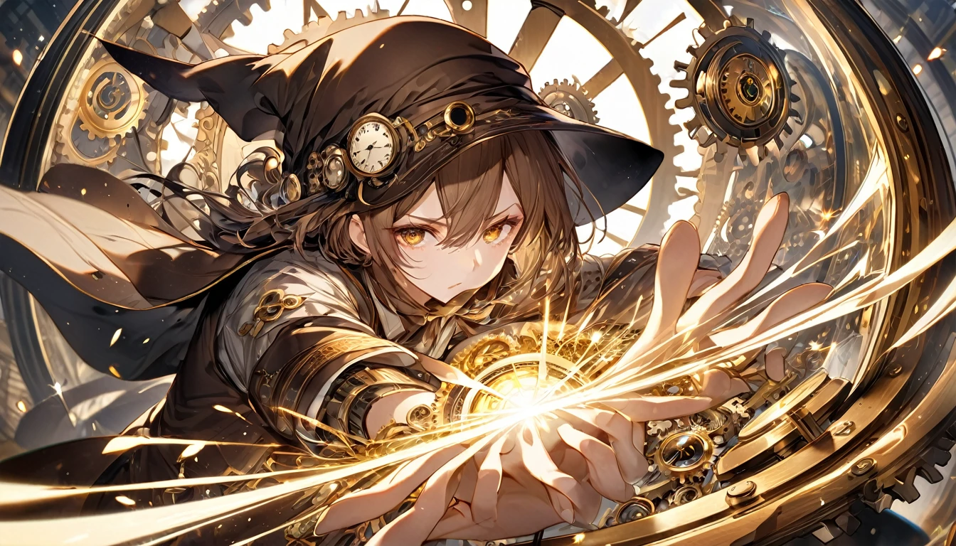 **235. One person。The watchmaker who controls timeの戦闘シーン。mysterious+thrilling。Cowboy shot or close-up。
masterpiece, best quality, ultra detailed (Detailed fingers), (Emotional), (Breathtakingly beautiful),
(main part: 1.2 Whole body。), (Anime Style), (Very detailed), (Time manipulation),
(超High resolution, High resolution), (8k), (High resolution: 1.2), (Complex and beautiful: 1.2)**
- background: A ruined clock tower where time has stopped、Floating gears surround the area。
- character: The watchmaker who controls time、Unleash the power to stop time in battle。
-pose: Aiming for a momentary gap、Instantly move behind the enemy。
-expression: Calm and sharp gaze、The confident expression of one who rules time。
- Effects: The hands of the clock are rotating backwards、A force that halts the enemy's movements is released.。
-color: Gold and Brown、Color tones that emphasize the moment when the flow of time changes。