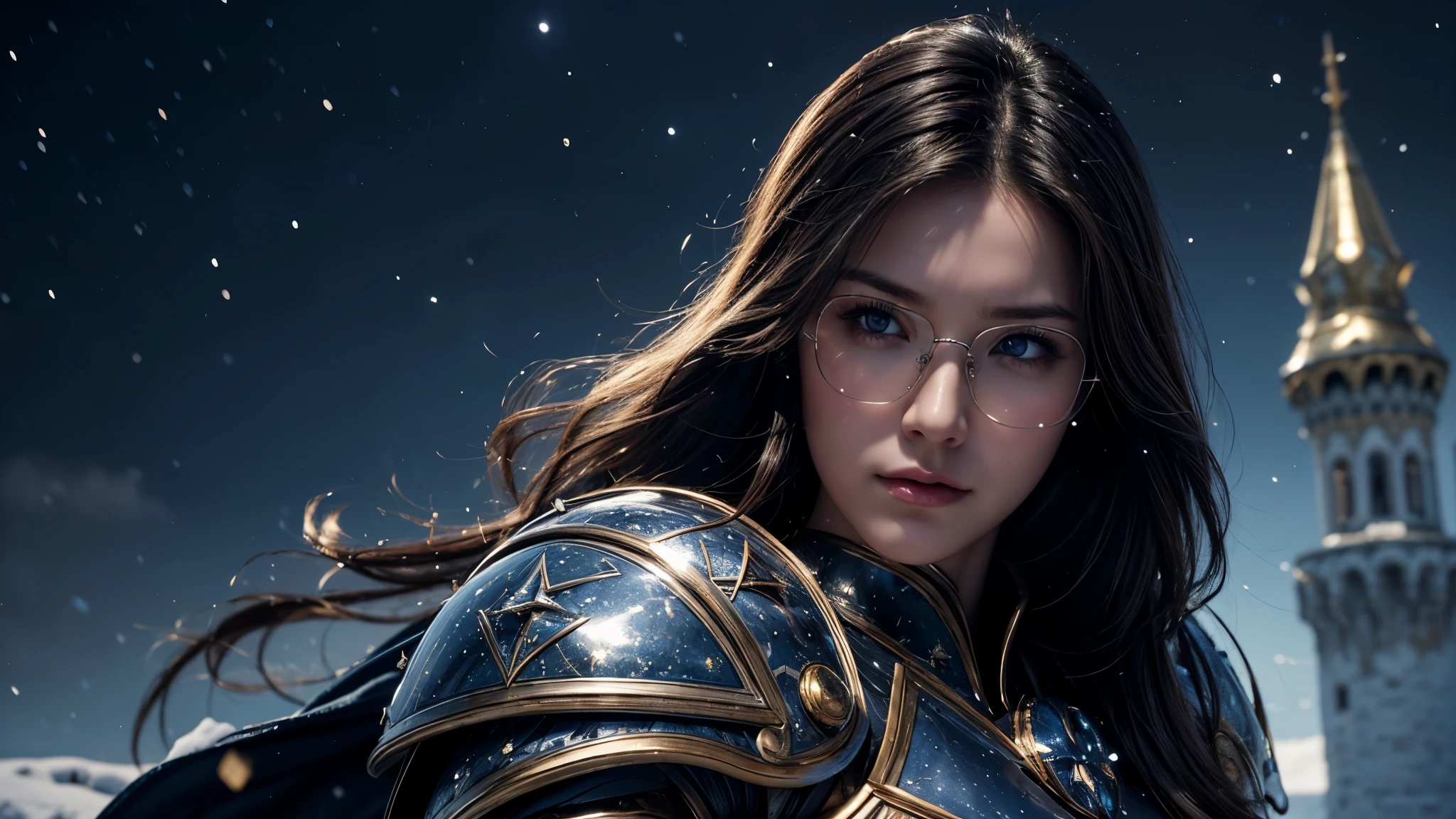masterpiece, rest, best quality, Very detailed, Super real, 16K, high resolution, castle,snow, ((Starry Sky)),Female Warrior,Gorgeous armor,Complex Mode,Pretty Face,Closed mouth,dramatic,Mid-range photos,Glowing glasses,Large Breasts