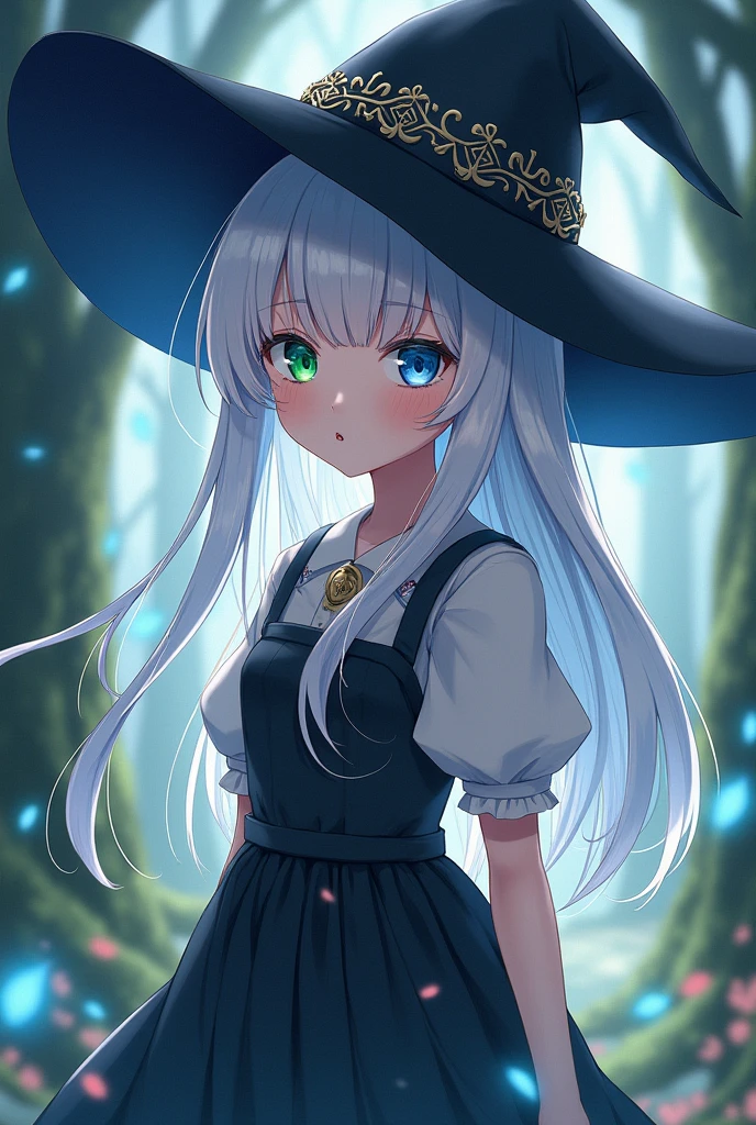 anime witch with peasant outfit white hair color with one green eye and the other blue