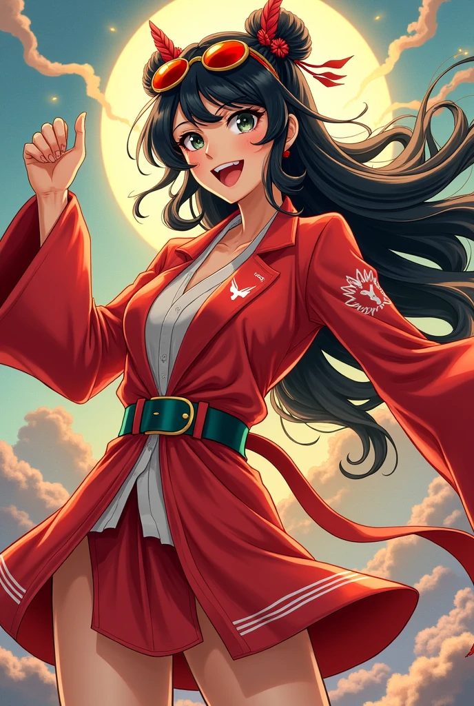 An energetic Japanese woman in a bold red outfit with Aries symbols, looking confident and adventurous. The background is dynamic and colorful, highlighting her enthusiasm.