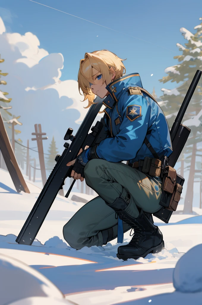 masterpiece, Highest quality, Detailed face, male, blue eyes, blonde, Hair on one eye, Blue jacket, belt, Blue pants, Fingerless gloves, cross-laced boots, Owns a sniper rifle, snow, One knee, From the side, blue sky