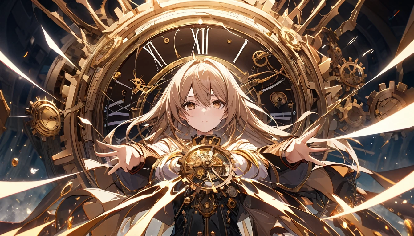 **235. One person。The watchmaker who controls timeの戦闘シーン。mysterious+thrilling。Cowboy shot or close-up。
masterpiece, best quality, ultra detailed (Detailed fingers), (Emotional), (Breathtakingly beautiful),
(main part: 1.2 Whole body。), (Anime Style), (Very detailed), (Time manipulation),
(超High resolution, High resolution), (8k), (High resolution: 1.2), (Complex and beautiful: 1.2)**
- background: A ruined clock tower where time has stopped、Floating gears surround the area。
- character: The watchmaker who controls time、Unleash the power to stop time in battle。
-pose: Aiming for a momentary gap、Instantly move behind the enemy。
-expression: Calm and sharp gaze、The confident expression of one who rules time。
- Effects: The hands of the clock are rotating backwards、A force that halts the enemy's movements is released.。
-color: Gold and Brown、Color tones that emphasize the moment when the flow of time changes。