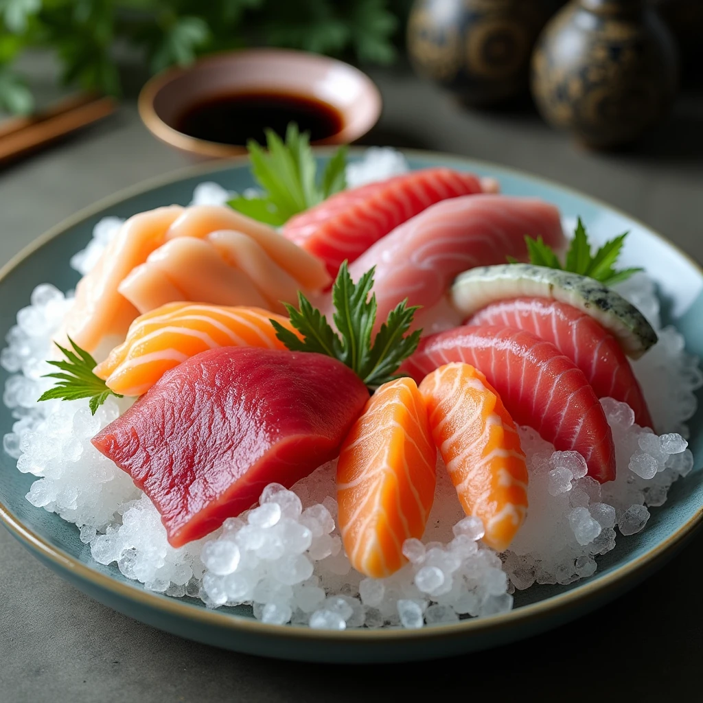 Japanese sashimi advertisement,Icebergs on the plate,A variety of sashimi is placed on the iceberg,There is a soy sauce dish next to it.,Some decorations beside the table