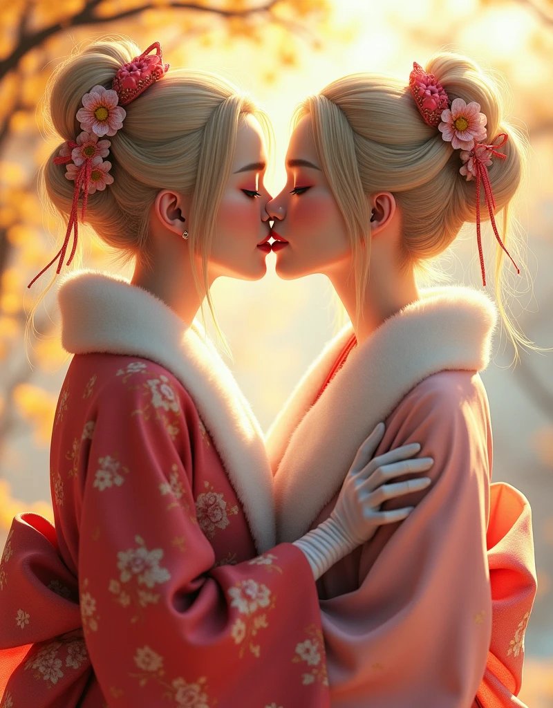 Highly detailed CG Unity 8k wallpaper, pretty girl, Mature blonde girl, Half Up, beautiful girl, Hot Maiden, Pale skin (super masterpiece, Beautiful person, well detailed face polluted smile, Her flat chest is hidden by her kimono, Realistic, Surreal), colorful red and pink winter kimono, Has white fur, wearing white gloves, Japanese style hair accessories, (Light lighting), smile, Upper Body, Yellow chrysanthemum flower Japanese background, perfect anatomy, beautiful hands, two girls is deeply in love with each other, kiss