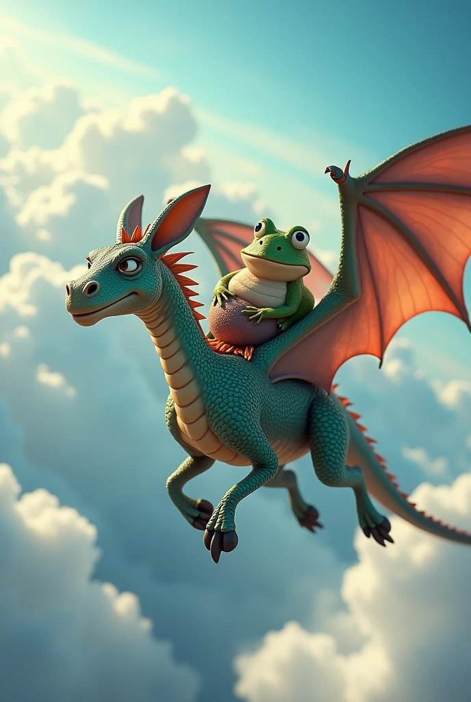 A dragon flying with a donkey and a frog on its back
