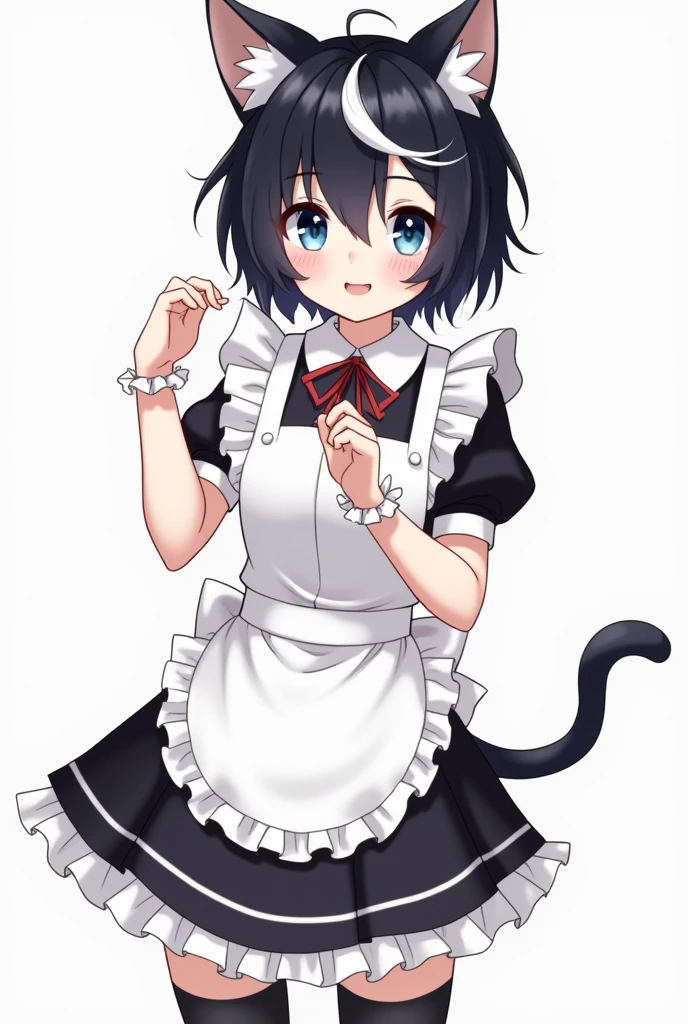 a femboy boy with a cute and feminine face,black hair with white streak, kind of messy and short, and dark blue eyes, wearing a cute maid outfit,making cat hand