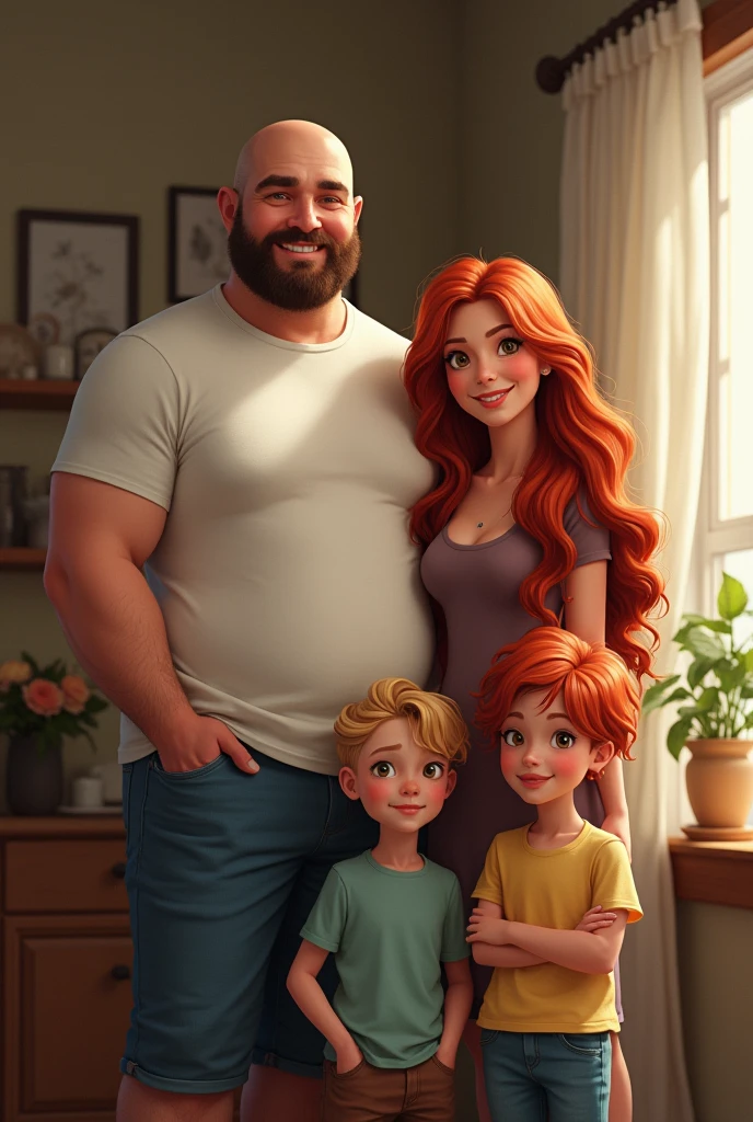Heavyset man of around 34 years old with shaved hair with his beautiful young wife with a good body and long red hair with a blond son of about and a daughter with long red hair and about 5 years old,ll a family of four people in total