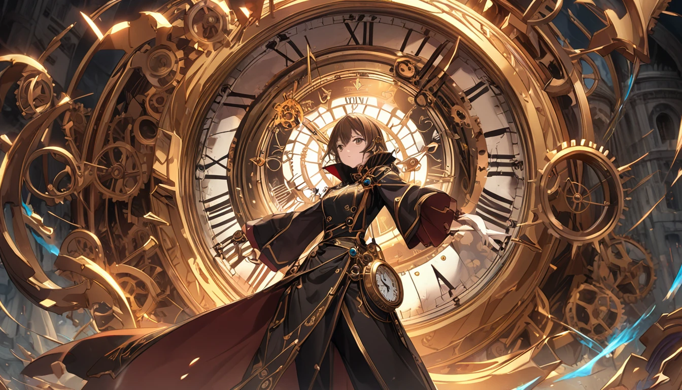 **235. One person。The watchmaker who controls timeの戦闘シーン。mysterious＋thrilling。Cowboy shot or close-up。  
masterpiece, best quality, ultra detailed (Detailed fingers), (Emotional), (Breathtakingly beautiful),  
(main part: 1.2 Whole body。), (Anime Style), (Very detailed), (Time manipulation),  
(超High resolution, High resolution), (8k), (High resolution: 1.2), (Complex and beautiful: 1.2)**
- background: A ruined clock tower where time has stopped、Floating gears surround the area。
- character: The watchmaker who controls time、Unleash the power to stop time in battle。
-pose: Aiming for a momentary gap、Instantly move behind the enemy。
-expression: Calm and sharp gaze、The confident expression of one who rules time。
- Effects: The hands of the clock are rotating backwards、A force that halts the enemy&#39;s movements is released.。
-color: Gold and Brown、Color tones that emphasize the moment when the flow of time changes。
