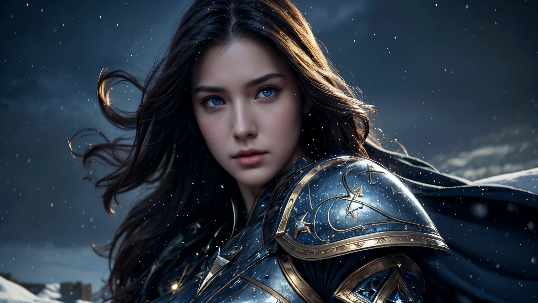 masterpiece, rest, best quality, Very detailed, Super real, 16K, high resolution, castle，snow, ((Starry Sky)),Female Warrior，Gorgeous armor，Complex Mode，Pretty Face，Closed mouth，dramatic，Mid-range photos，Glowing eyes，Large Breasts