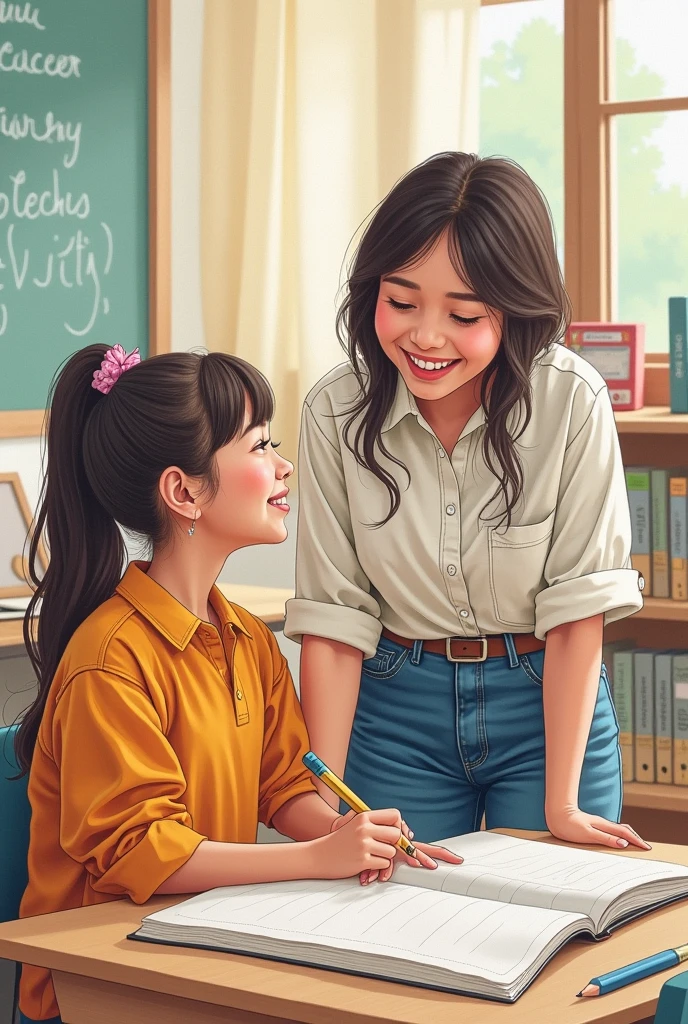 A drawing of a teacher in her classroom smiling and helping her student with intellectual disabilities