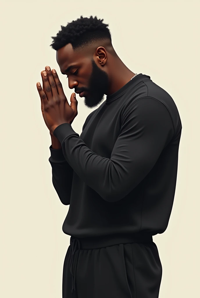 very black man, facing the front, head down, small curly hair, making a prayer gesture with just your hand, black leagwear , beardless man, drawing style: Maturemalemix. No beard and looking straight ahead, short hair without beard
