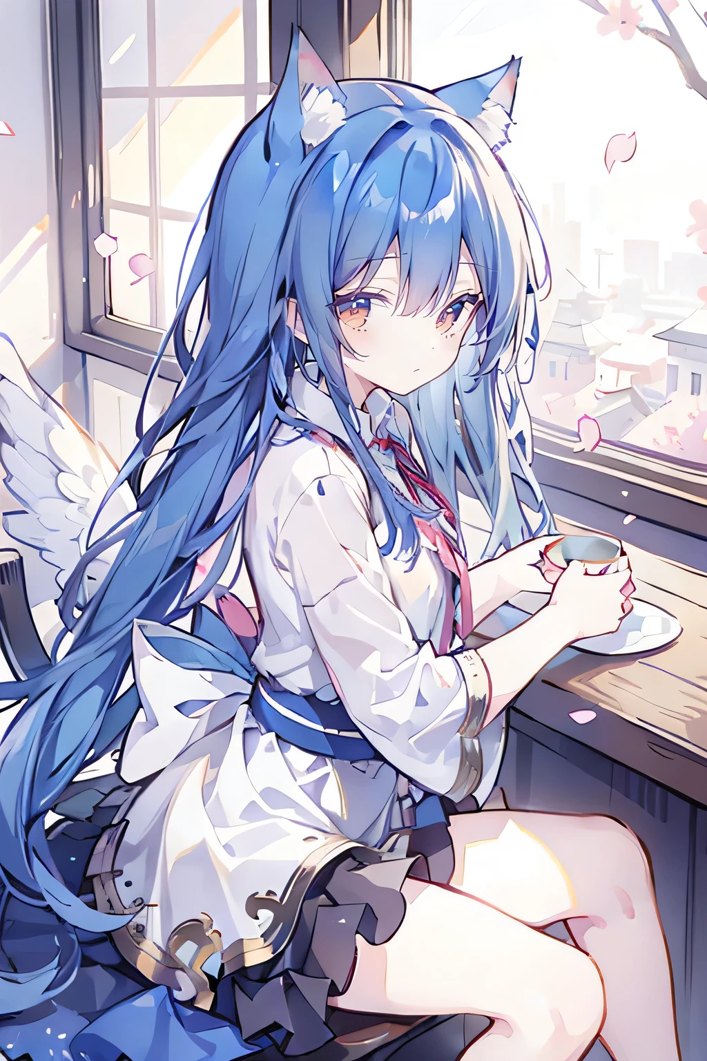 (masterpiece:1.2),Super detailed,lifelike,Expressive eyes,fair skin,perfect face shape,1 girl,
Japanese comics,Gorgeous blue hair,flowing blue hair,flowing clothes,Cat ears,Petals fall,beautiful lola,Baby Angel,
Shaking head with one hand,Cross your legs,,The pavilion is cool and comfortable,smile,back views,sunrise,Petals fall,sunrise,sitting on window sill drinking coffee and looking out the window。