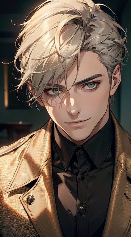 ((a mature man, very handsome, smile in love, short grey golden hair, green eyes, perfect face without errors)), ((buttoning the jacket, CEO)), (best quality, masterpiece, 8K, photorealistic, cinematic lighting, hdr image, ultra detailed, beautiful image), (portrait, detailed facial features, intricate textures, realistic skin tones, highly detailed, ultra-realistic), (warm lighting, soft shadows, dramatic lighting), (muted color palette, rich tones), (professional photography, high resolution, studio lighting)