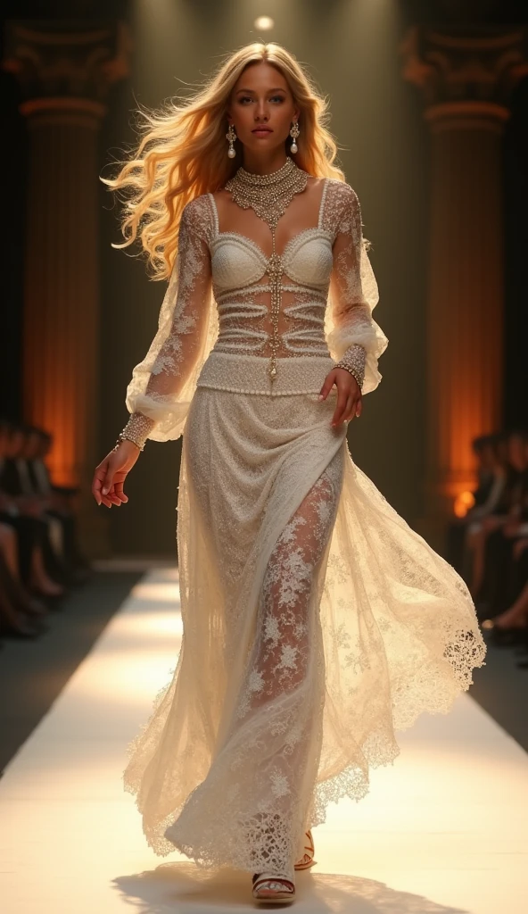 Western-looking woman, running on the runway, Blonde long hair waves that come down to the waist, light skin tone, (full-length picture from head to toe), wearing white A-line dress, dress with lace, (flamboyant with lots of beads), flamboyant and long pearl earrings, multiple pearl necklaces choker, Elegant runway stage background, dark background with partial yellow lighting