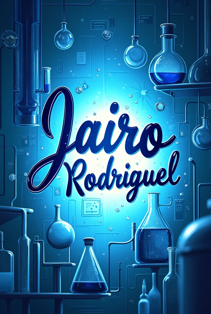 Create the name Jairo Rodriguez in cursive letters with style and originality but the background should not be white and should be like a scientific style background with laboratory stuff and everything and the background should be blue.