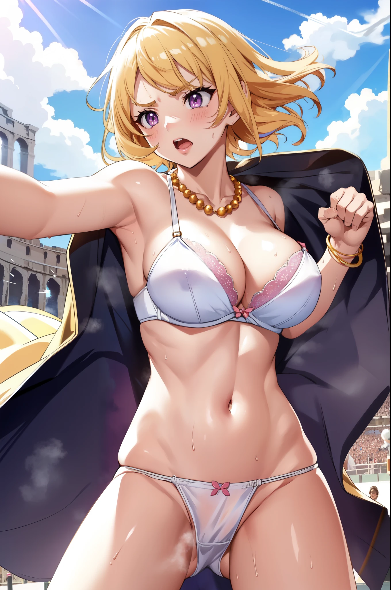 do,Medium chest,Shaking breasts,Cleavage,Blonde,Bobcut, Purple eyes,belly button,(Empty-handed,White panties:1.2),(Gorgeous Bra:1.1),No pants,(Skin shining with sweat:1.1), Outdoor,sunlight, Spotlight effect,Bright sky, Blue sky with clouds,Strong winds, (Colosseum),(High resolution, high quality:1.1), Intricate details, Cinema Lighting, One girl,(blush,anger),(Gorgeous Necklace,jewelry, bracelet),(Dynamic fighting pose:1.2),Dynamic Angle,From below, ,((nsfw))