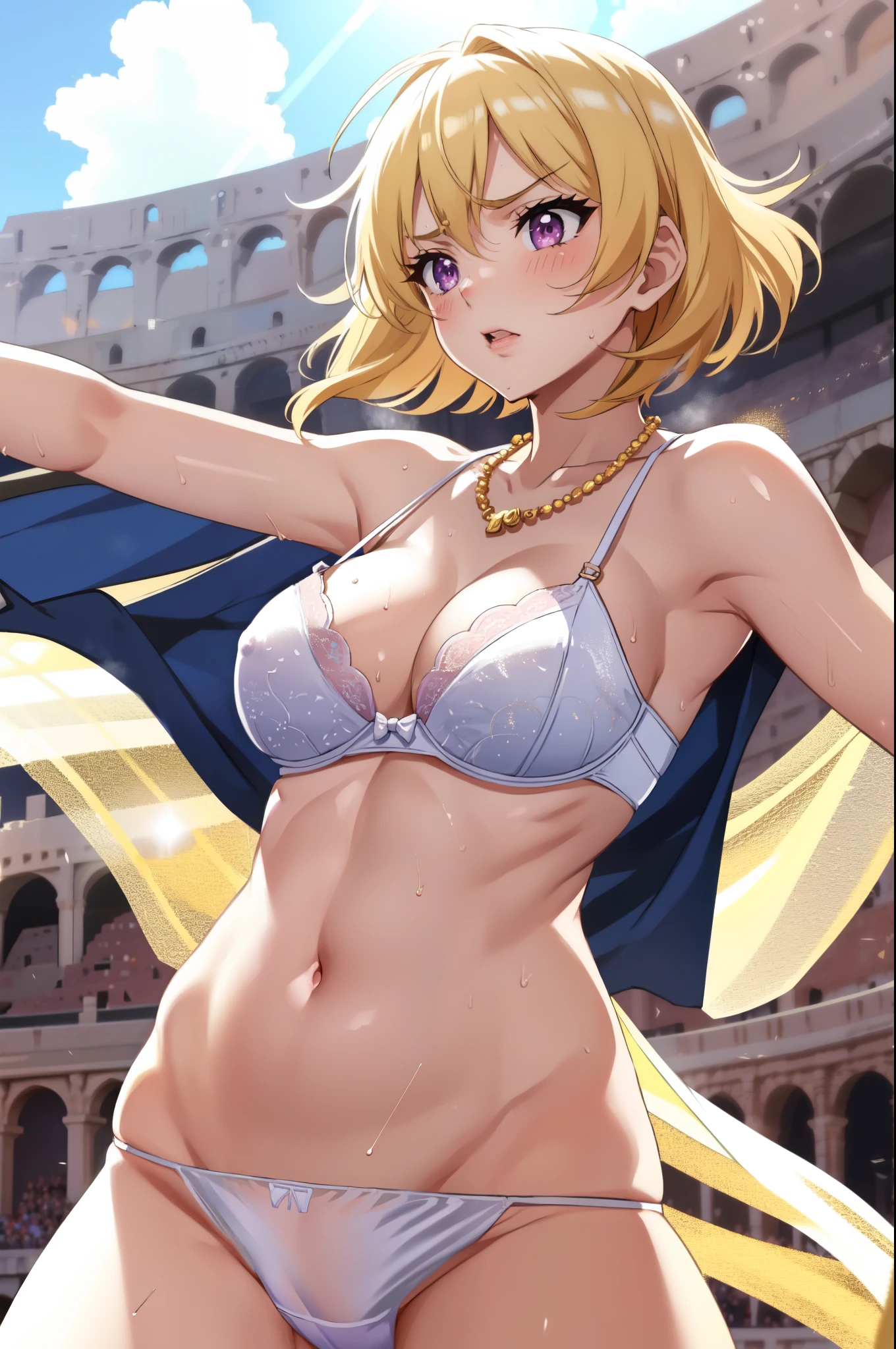 do,Medium chest,Shaking breasts,Cleavage,Blonde,Bobcut, Purple eyes,belly button,(Empty-handed,White panties:1.2),(Gorgeous Bra:1.1),No pants,(Skin shining with sweat:1.1), Outdoor,sunlight, Spotlight effect,Bright sky, Blue sky with clouds,Strong winds, (Colosseum),(High resolution, high quality:1.1), Intricate details, Cinema Lighting, One girl,(blush,anger),(Gorgeous Necklace,jewelry, bracelet),(Dynamic fighting pose:1.2),Dynamic Angle,From below, ,((nsfw))