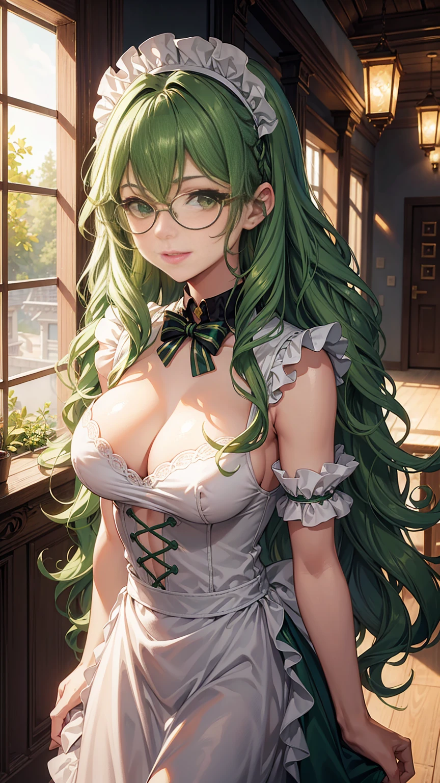 masterpiece, best quality, high quality, beautiful woman, 1 girl, (green wavy medium hair: 1.2), green hair, green eyes, (glasses)), medium breasts, shiny skin, light smile, cowboy shot, maid,