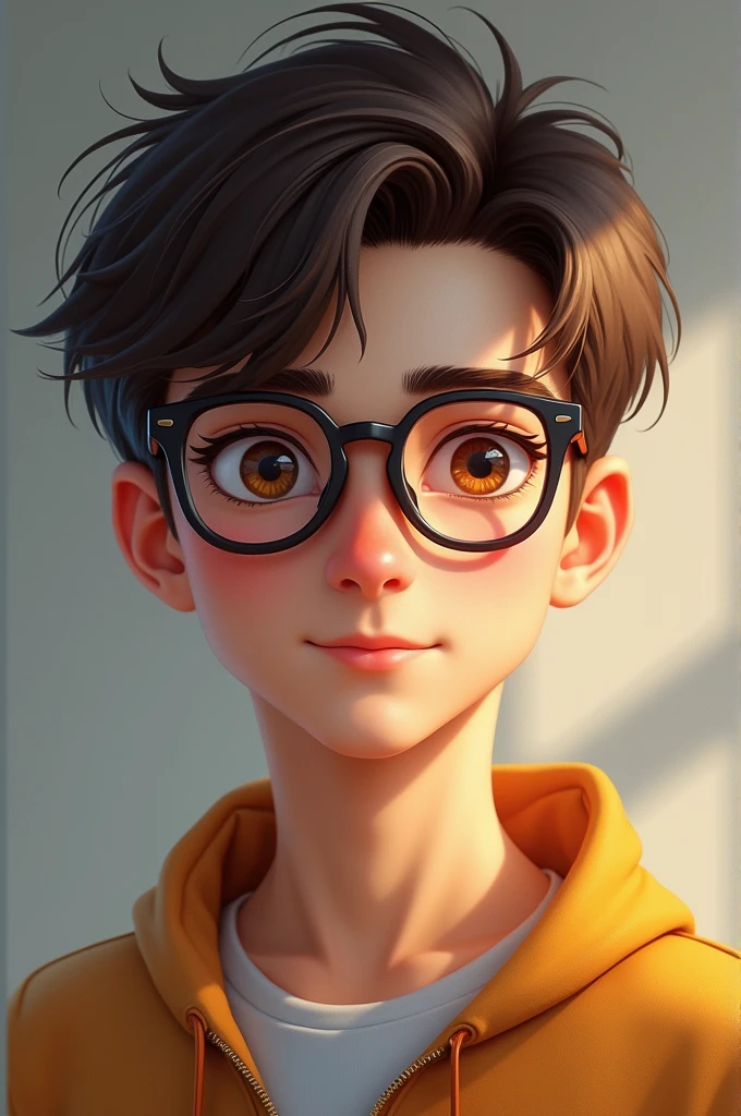 Generate Sutharxz108 a 13 year old boy he wears glasses and his eyes is brown and he is handsome and he looked young