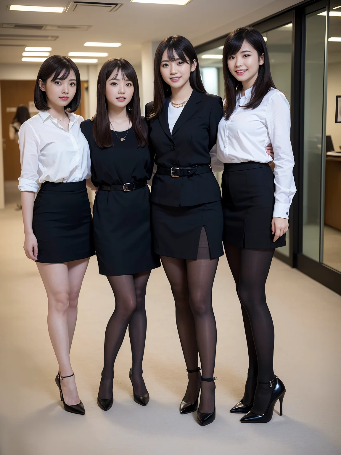 (Highest quality, masterpiece, Photorealistic, Super detailed, Ultra-high resolution, born:1.3), (Three Girls:1.3), beautiful, Japanese, mature, 28 years old, office workers, (Close bonds, Short skirt),(Black pantyhose),(smile), (bangs), high waist, necklace, (office, indoor, Glass Room), (Long legs, High heels, whole body:1.2),  (crowd)